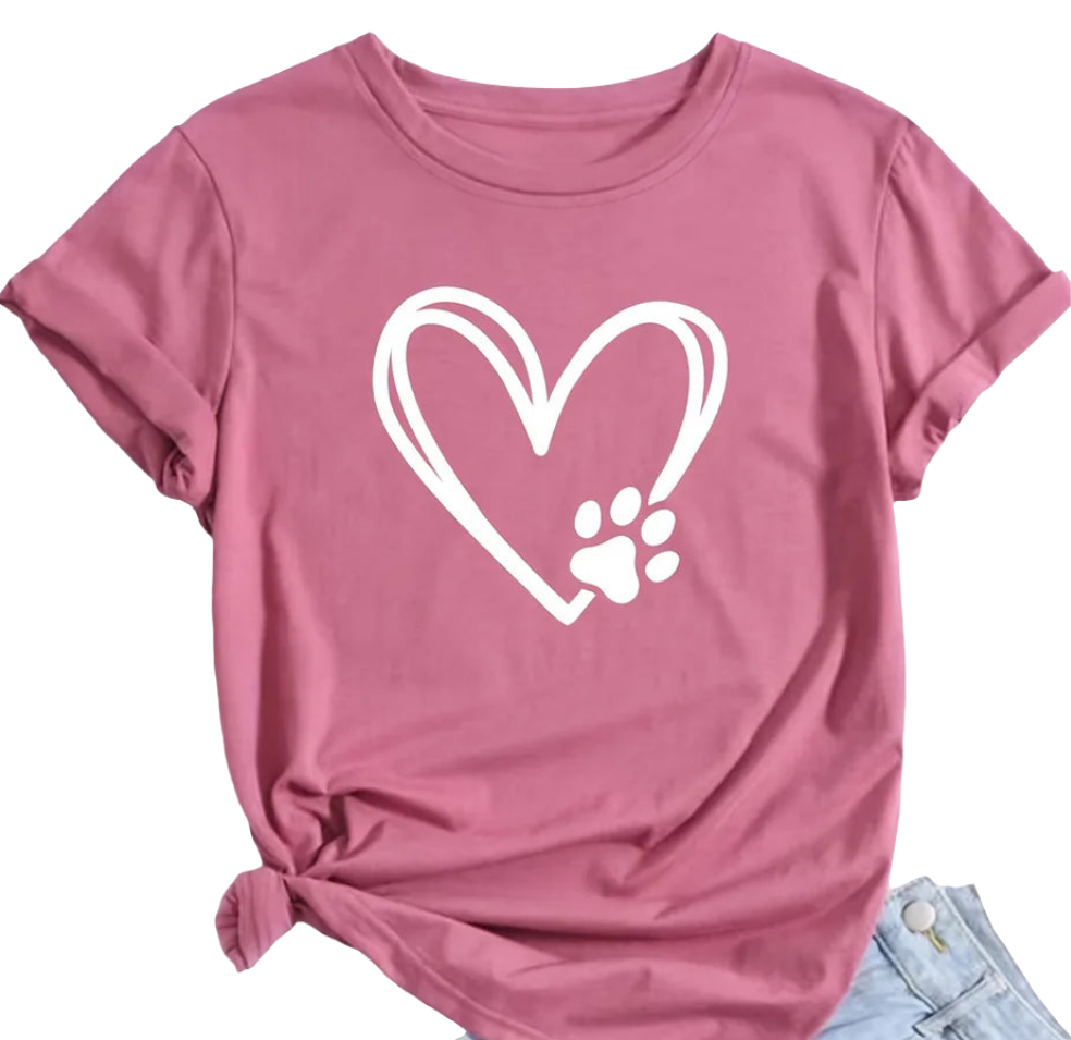 Plus Size Women’s T‑Shirt 2024 Summer Heart & Dog Footprint Print—Soft Elastic Casual Top, NZ Street Fashion | Strylez Virtual Try‑On