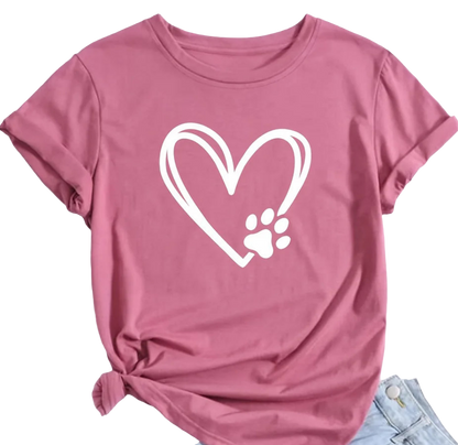2024 Summer Women's T-shirt Plus Size Heart and Dog Footprint Printed Top Soft and Elastic Casual Shirt Street Fashion Clothing