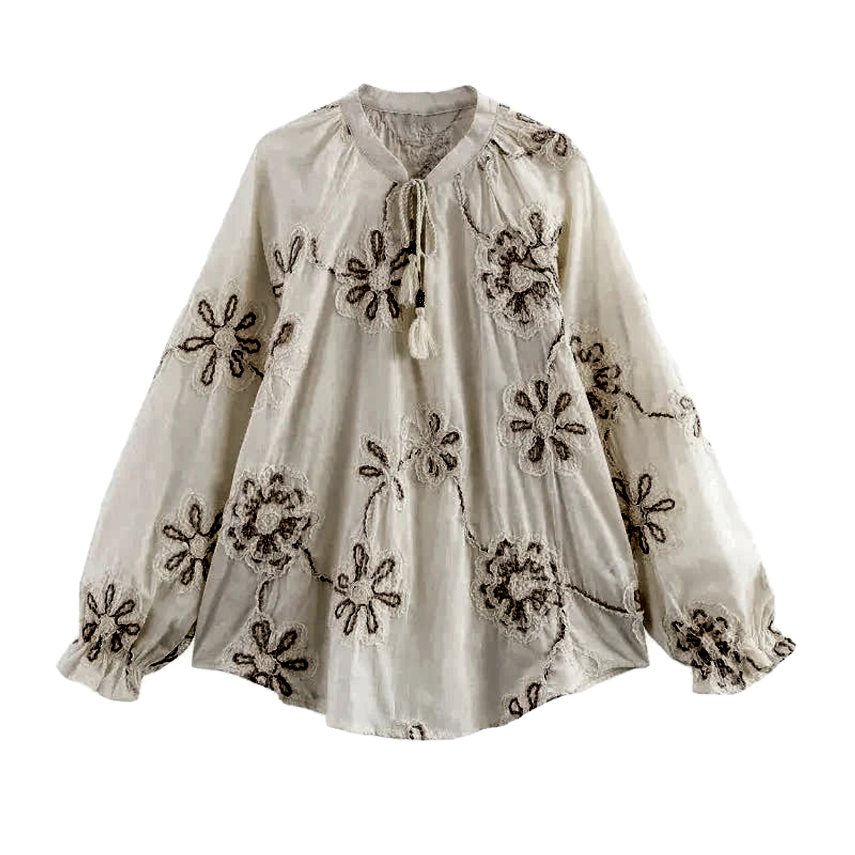MUJER Flower Embroidered Women’s Blouse - Tassel Casual Shirt, Ruched Beach Boho Top | Summer Tops NZ | Strylez Virtual Try-On (Preprocessed)