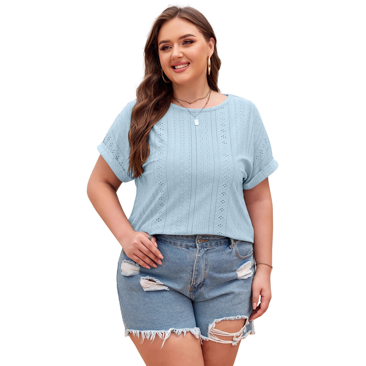 Shiying Pure Color Large Size Casual T-Shirt Women's Jacquard Knitwear Textured Pullover Cross-Border Women's New Style