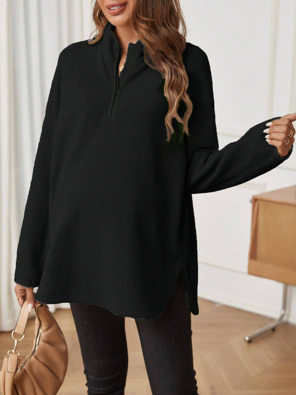 Maternity T-Shirt AutumnWinter Maternity Fashion Solid-Color Zipper Loose-Fit Long-Sleeve T-Shirt