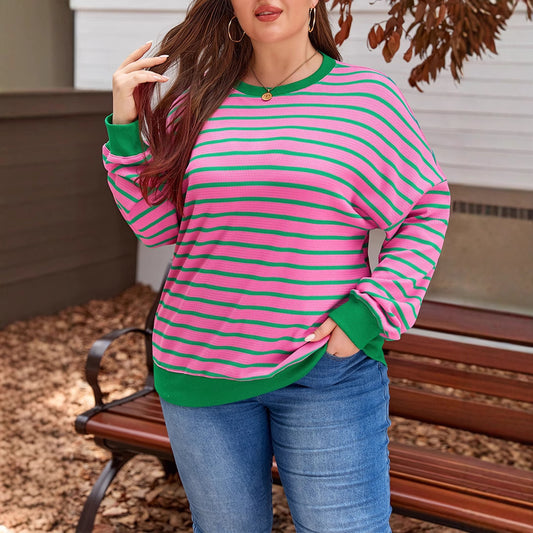 Trendy European and American Casual Versatile Warm Pullover Long-Sleeve Top Autumn and Winter New Fashion Striped Crew Neck Sweatshirt for Women