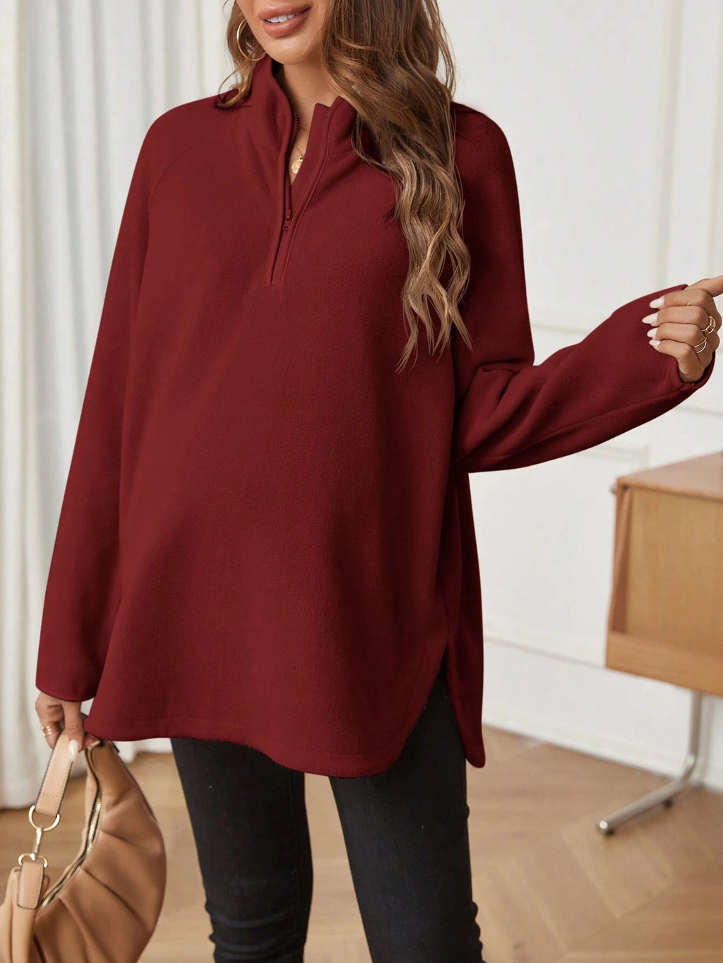 Maternity T-Shirt AutumnWinter Maternity Fashion Solid-Color Zipper Loose-Fit Long-Sleeve T-Shirt