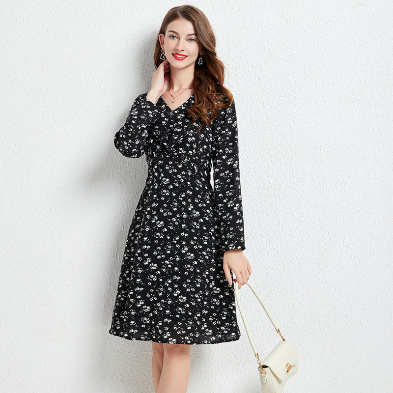 Spring and Autumn New Style V Neck Floral Large Size Black Dress Fashionable Large Swing Slimming Ol Easiest for Match Chiffon Skirt