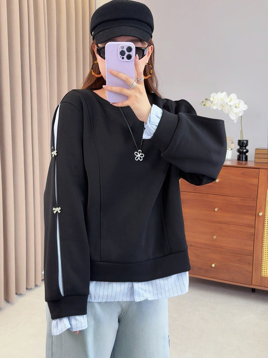 Shuangtian 2025 New Autumn Style Plus Size Fat mm Women's Design Splicing Fake Two-Piece Long-Sleeved Sweatshirt Tops for Women 9080