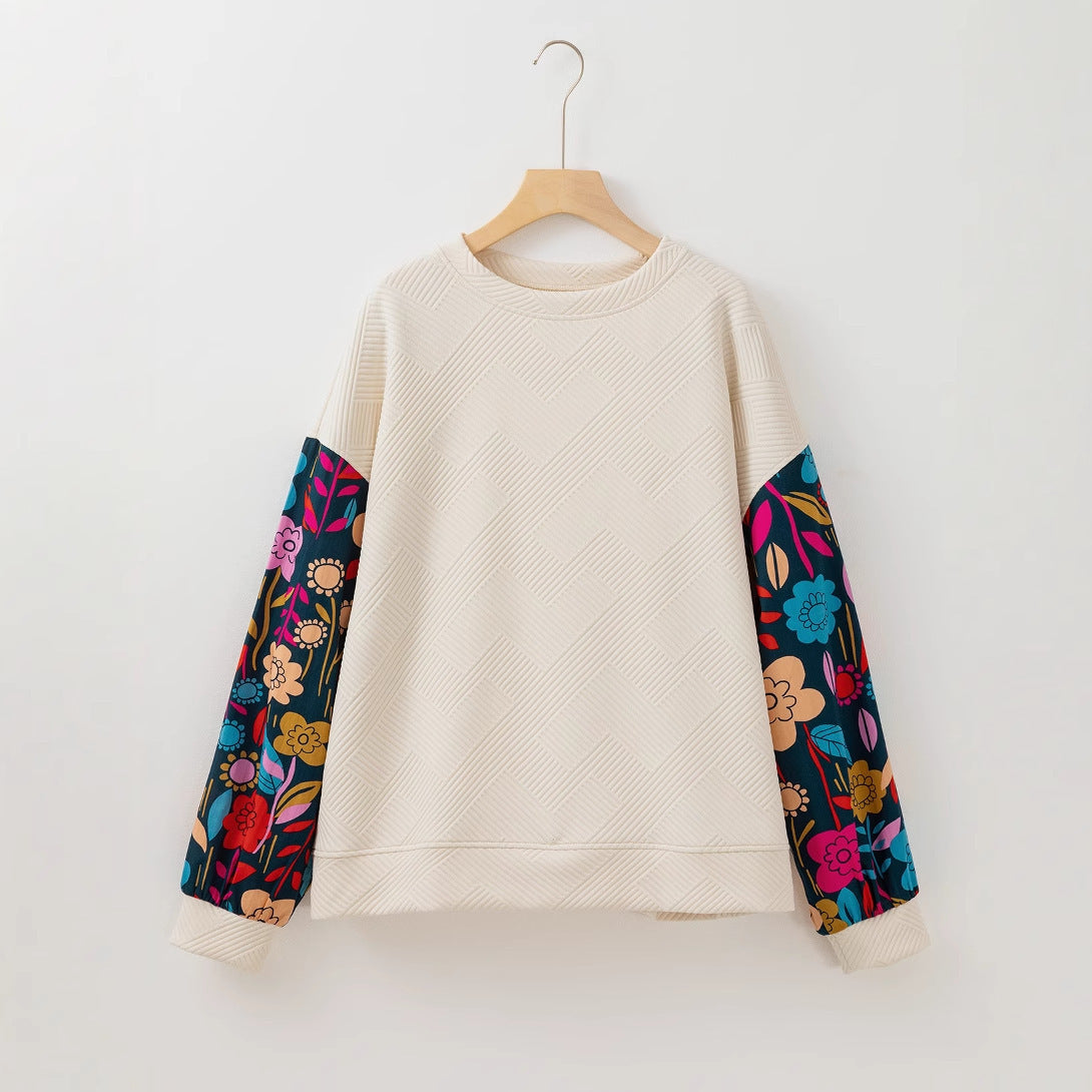 Autumn New Textured Oversized Pullover Women's European and American Fashion Versatile Color-Blocking Loose Fit Sweatshirt