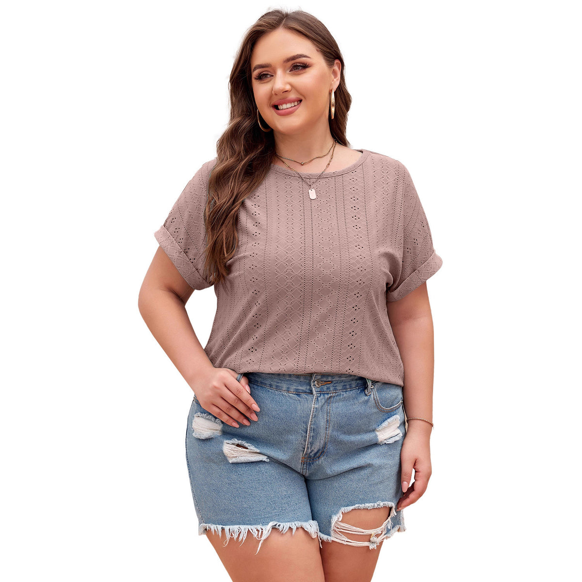 Shiying Pure Color Large Size Casual T-Shirt Women's Jacquard Knitwear Textured Pullover Cross-Border Women's New Style