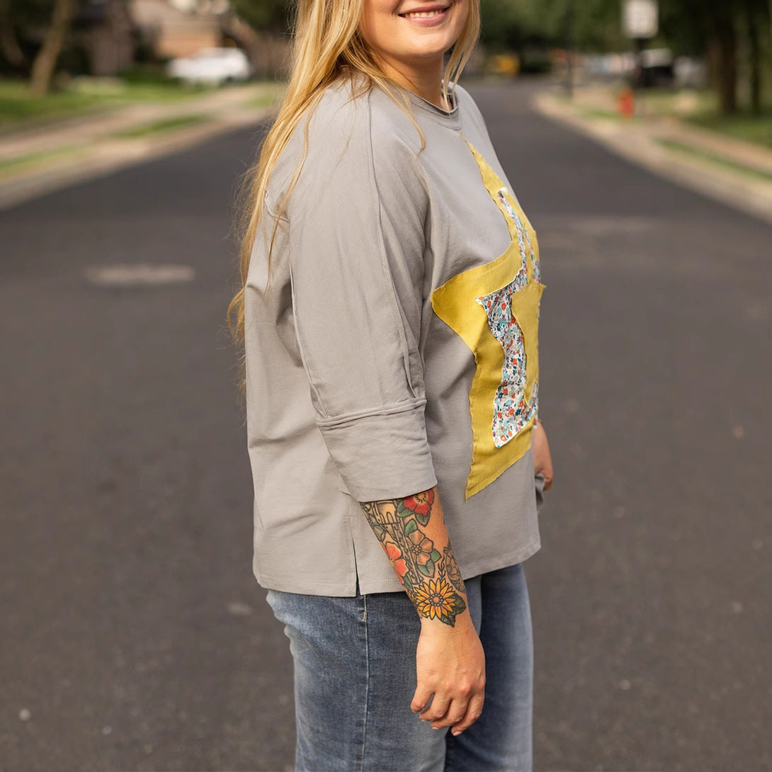 Shiying European and American Retro Washed Distressed Large Size T-Shirt Women's Autum New Star Patch Three-Quarter Sleeve Pullover Top