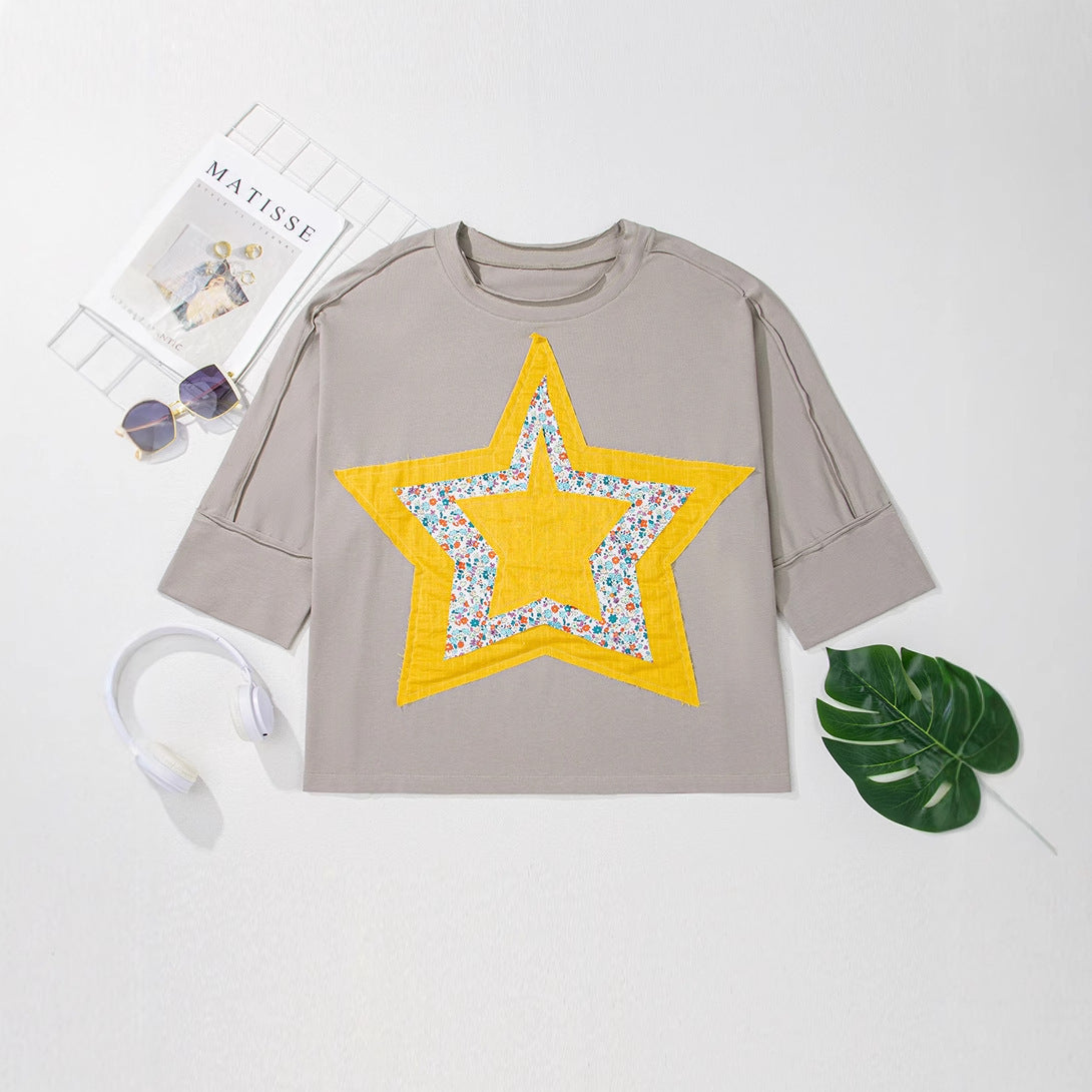 Shiying European and American Retro Washed Distressed Large Size T-Shirt Women's Autum New Star Patch Three-Quarter Sleeve Pullover Top