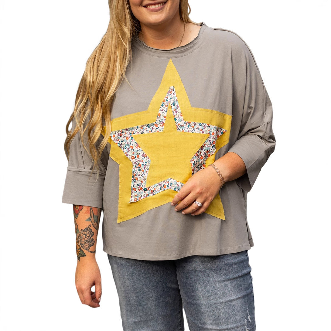 Shiying European and American Retro Washed Distressed Large Size T-Shirt Women's Autum New Star Patch Three-Quarter Sleeve Pullover Top