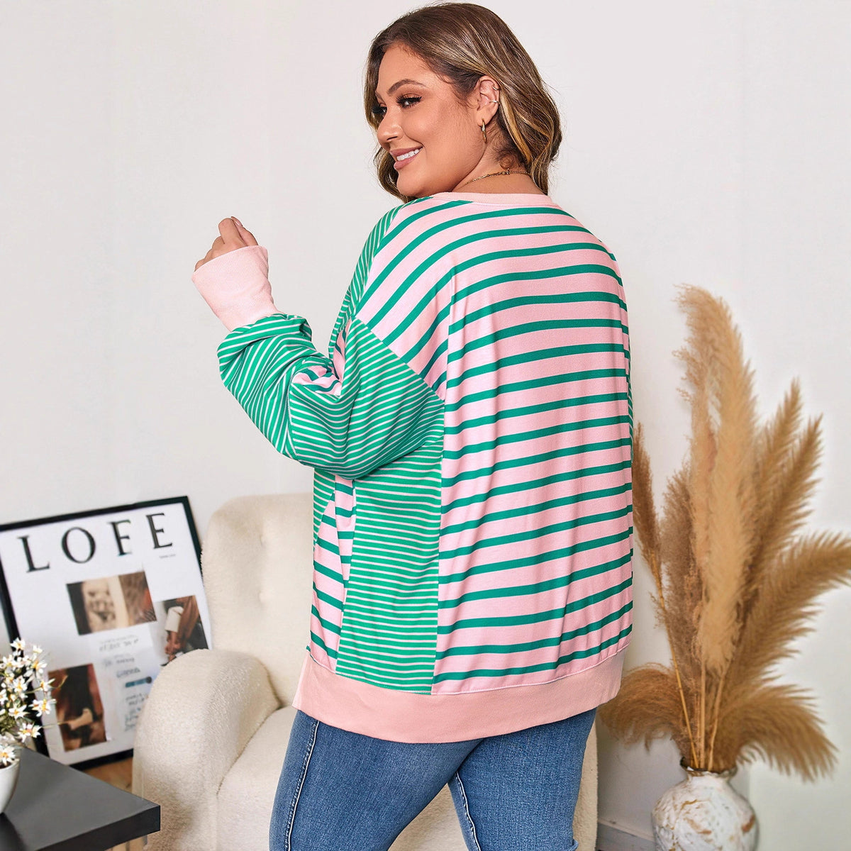 Shiying European and American Cross-Border Large Size Loose Casual Striped Long-Sleeved Sweatshirt New Round Neck Knitted Pullover for Women