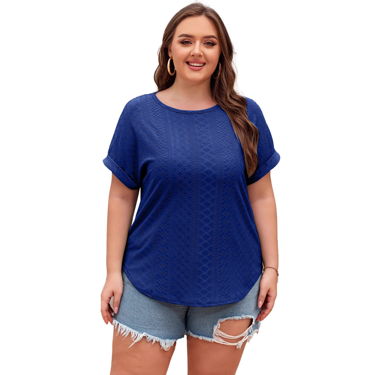 Shiying Pure Color Large Size Casual T-Shirt Women's Jacquard Knitwear Textured Pullover Cross-Border Women's New Style