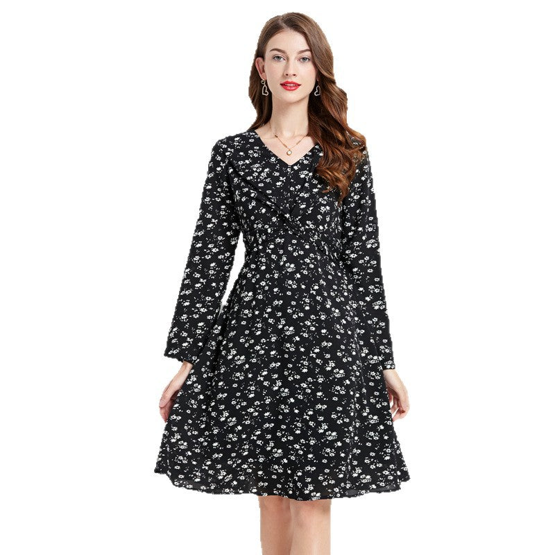 Spring and Autumn New Style V Neck Floral Large Size Black Dress Fashionable Large Swing Slimming Ol Easiest for Match Chiffon Skirt
