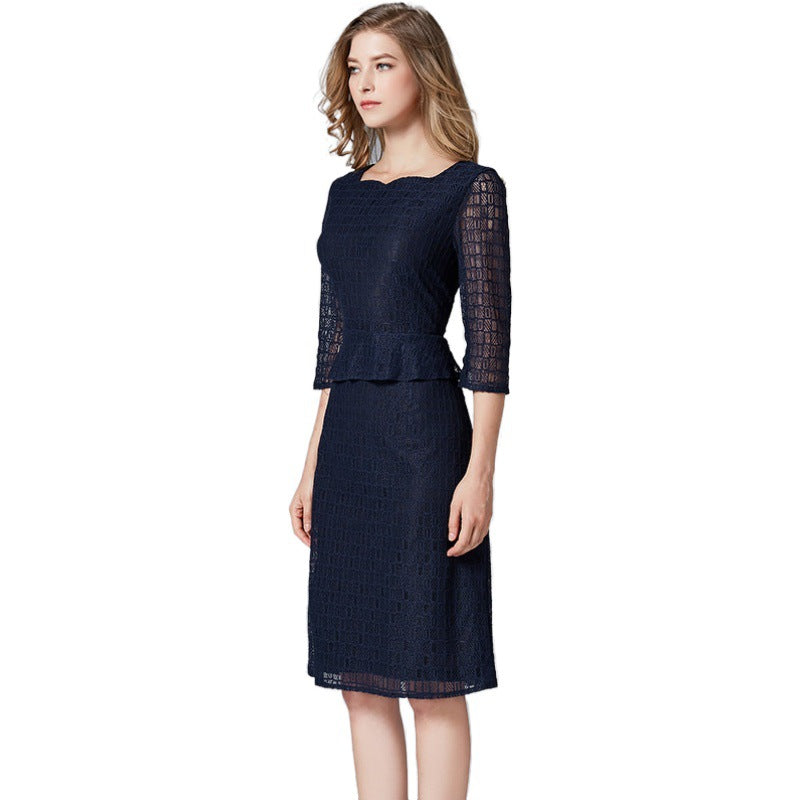 Clearance Large Size Women's Spring and Autumn Lace Dress European and American Round Neck Geometric Casual Fake Two-Piece Dress