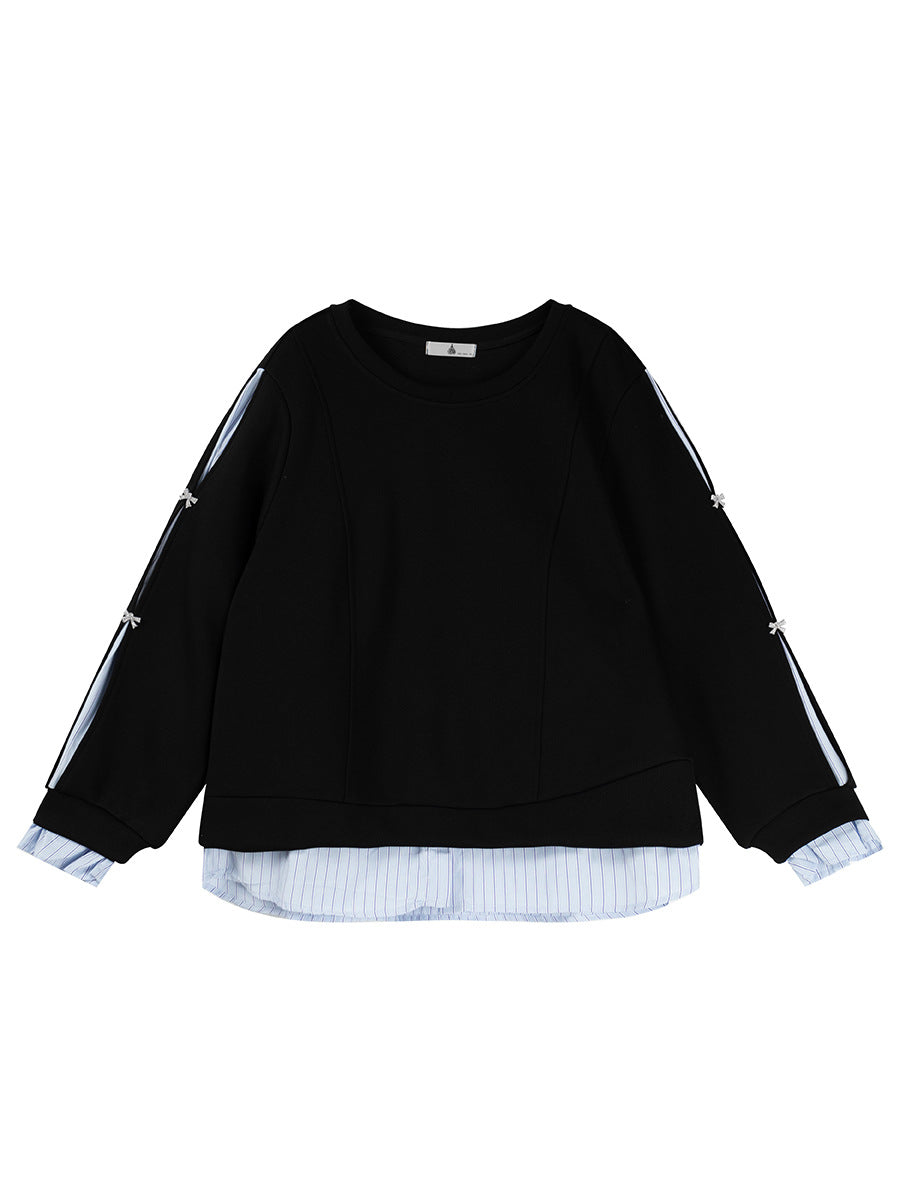 Shuangtian 2025 New Autumn Style Plus Size Fat mm Women's Design Splicing Fake Two-Piece Long-Sleeved Sweatshirt Tops for Women 9080