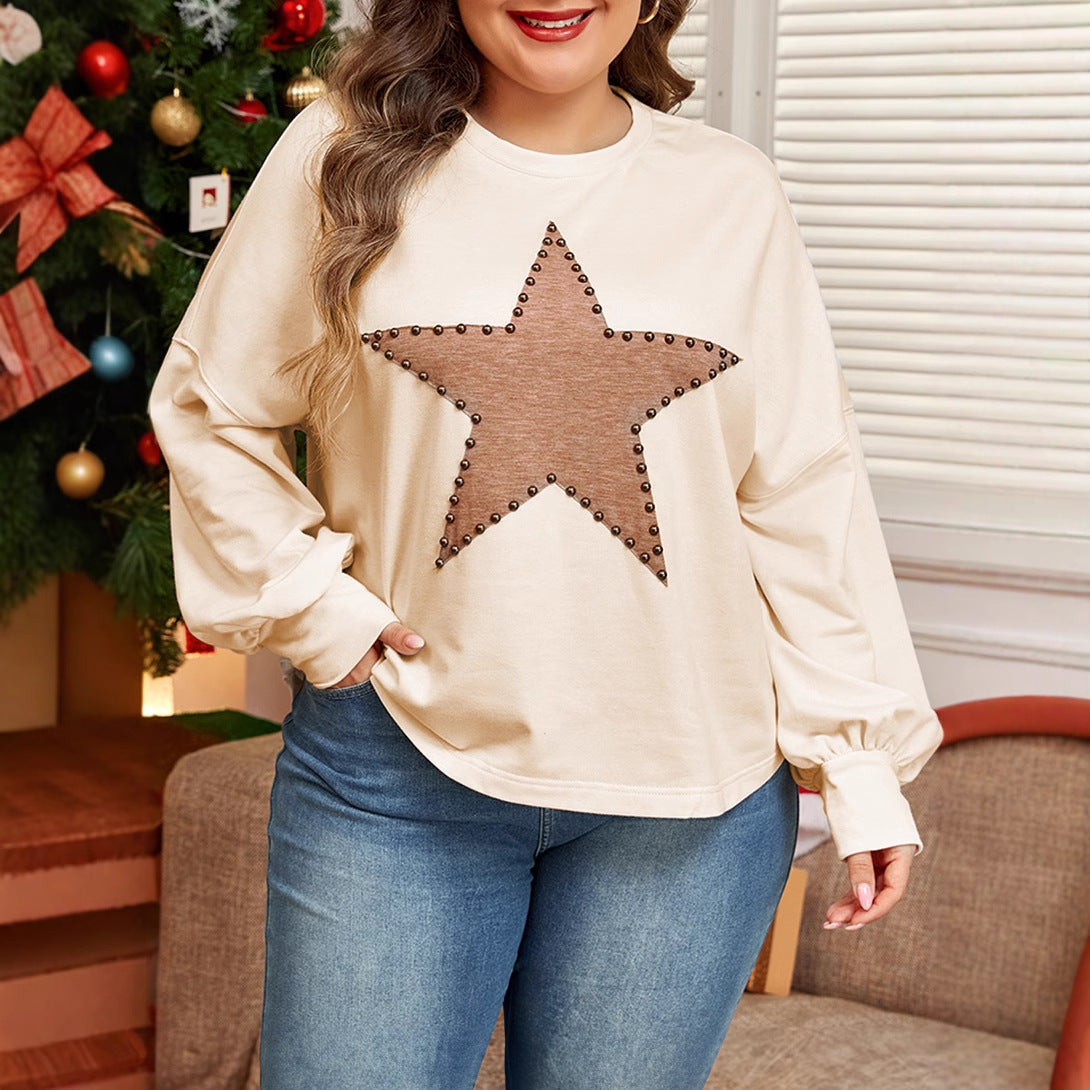 Autumn New Pullover Crew Neck Long Sleeve Top for Women European and American Fashion Personality Star Print Plus Size Sweatshirt for Women