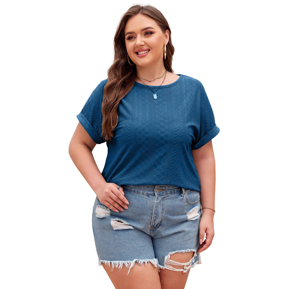 Shiying Pure Color Large Size Casual T-Shirt Women's Jacquard Knitwear Textured Pullover Cross-Border Women's New Style