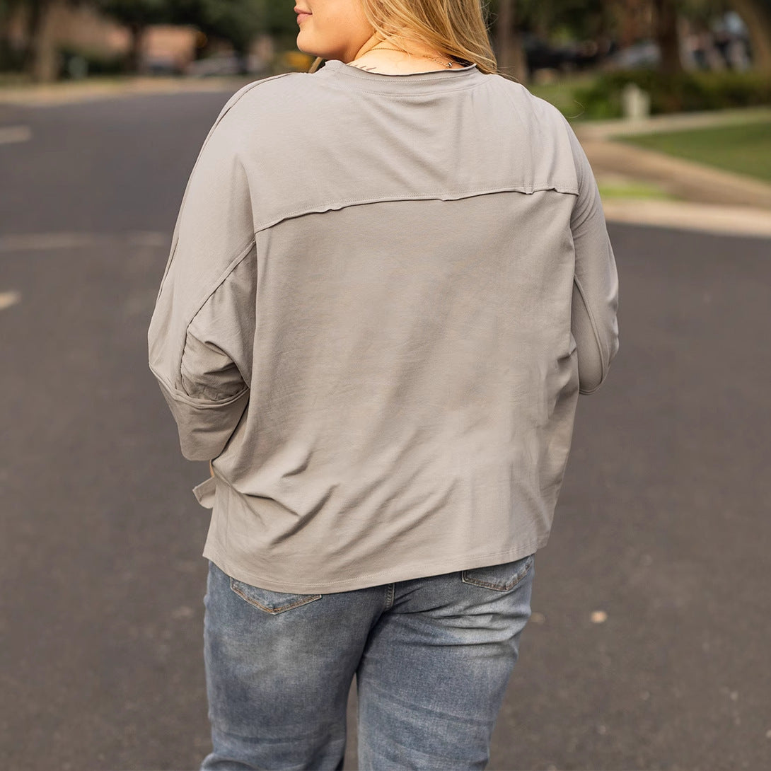 Shiying European and American Retro Washed Distressed Large Size T-Shirt Women's Autum New Star Patch Three-Quarter Sleeve Pullover Top