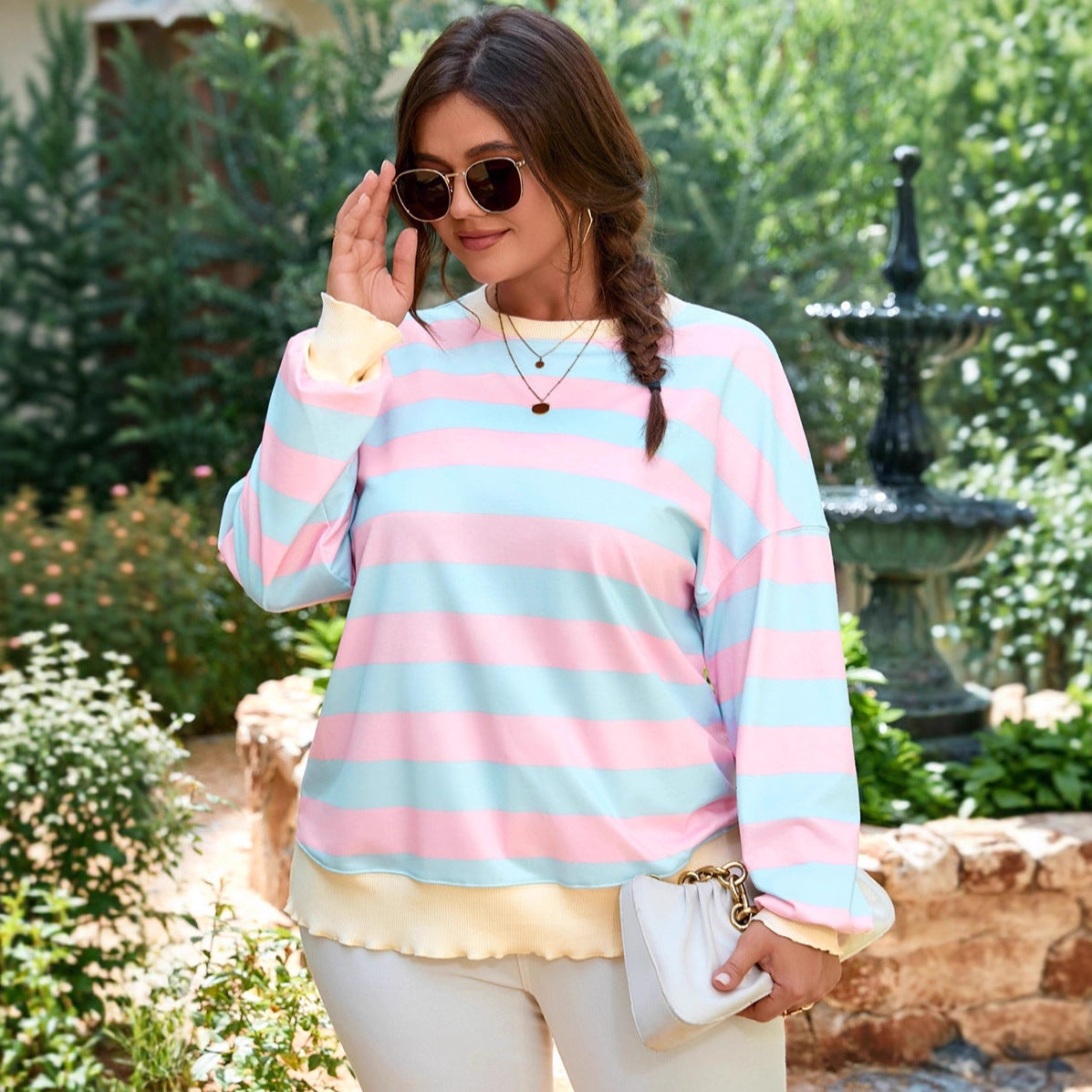 Trendy Plus Size Pullover Sweatshirt for Women, Long Sleeve Knitted Pullover, European and American Style, Loose Fit, Color Block, Crew Neck, New Top