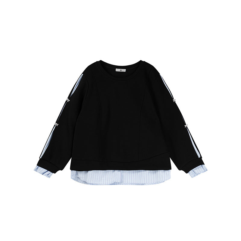 Shuangtian 2025 New Autumn Style Plus Size Fat mm Women's Design Splicing Fake Two-Piece Long-Sleeved Sweatshirt Tops for Women 9080