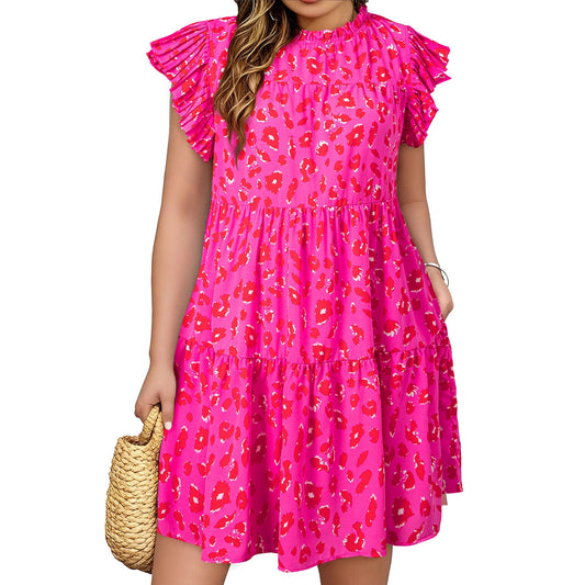 Trendy Plus Size Vintage Leopard Print Dress Women's Ruffled Short Skirt High Waist Skirt Cross-Border Women's New Fashion