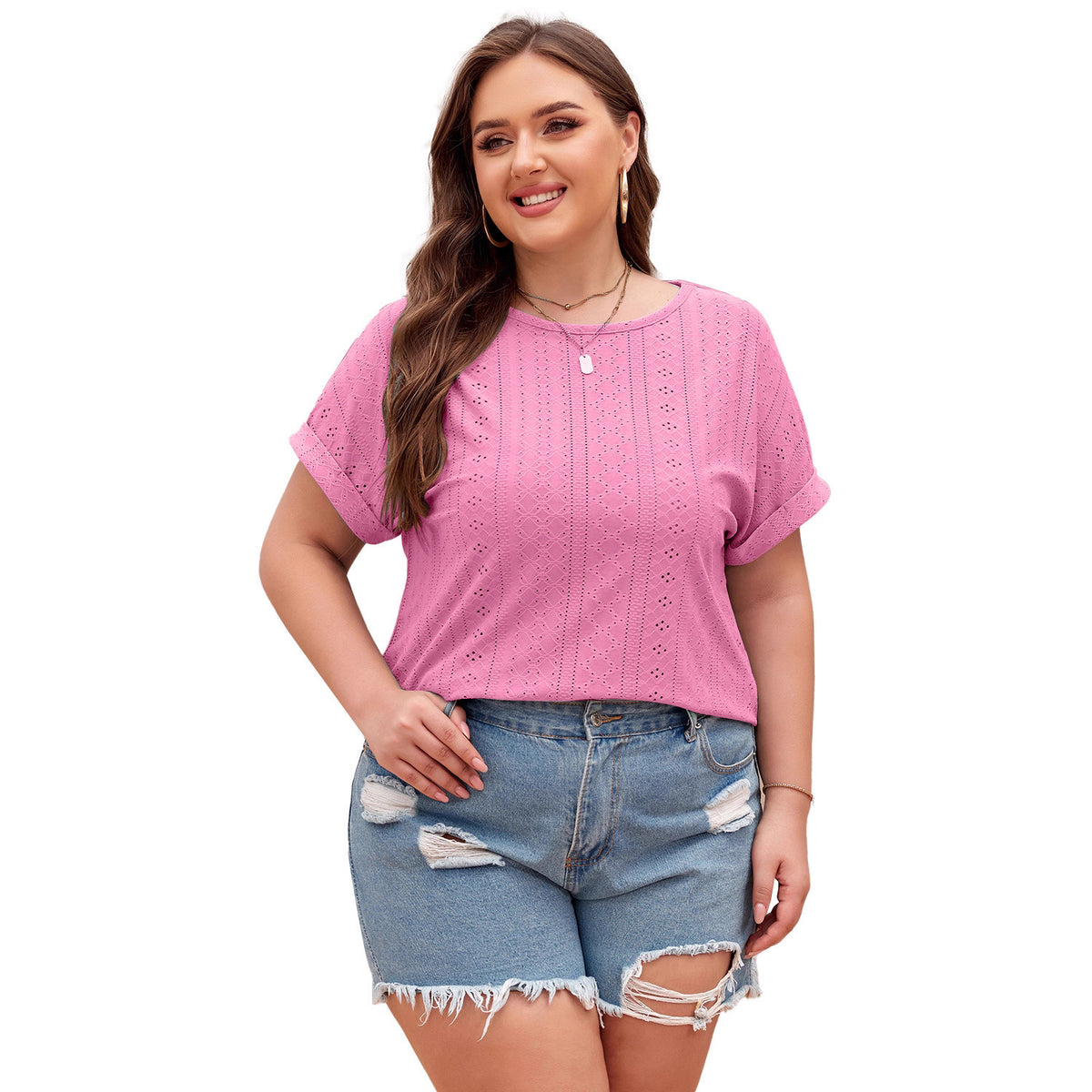 Shiying Pure Color Large Size Casual T-Shirt Women's Jacquard Knitwear Textured Pullover Cross-Border Women's New Style