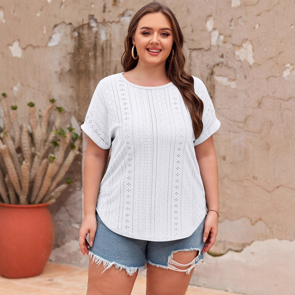 Shiying Pure Color Large Size Casual T-Shirt Women's Jacquard Knitwear Textured Pullover Cross-Border Women's New Style