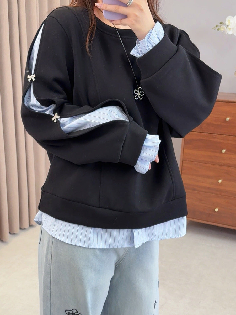 Shuangtian 2025 New Autumn Style Plus Size Fat mm Women's Design Splicing Fake Two-Piece Long-Sleeved Sweatshirt Tops for Women 9080