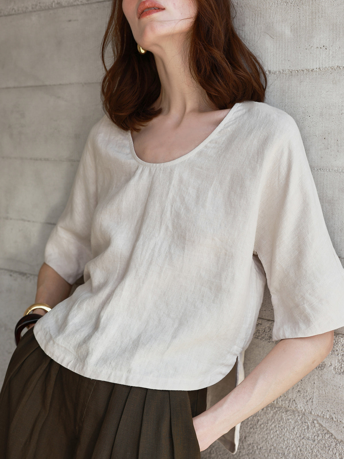 【Clearance Bargain】Olive Green Hemp Top T-Shirt, Big Brand Export, Loose Fit, Half-Sleeve, Cotton-Linen Mid-Sleeve T-Shirt