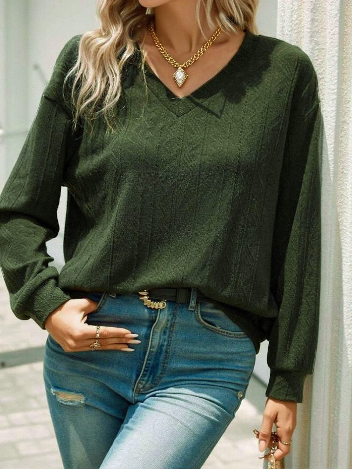 Autumn Cross-Border Wholesale Fabric Drop-Shoulder Casual Long-Sleeve V-Neck Plus-Size Women's Retro Style Casual Versatile Jacquard