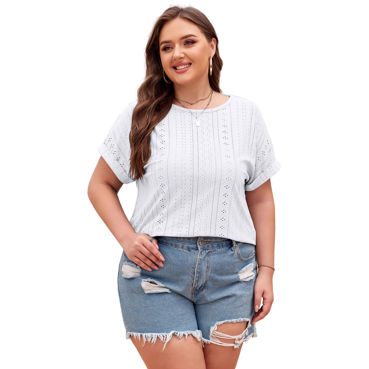 Shiying Pure Color Large Size Casual T-Shirt Women's Jacquard Knitwear Textured Pullover Cross-Border Women's New Style