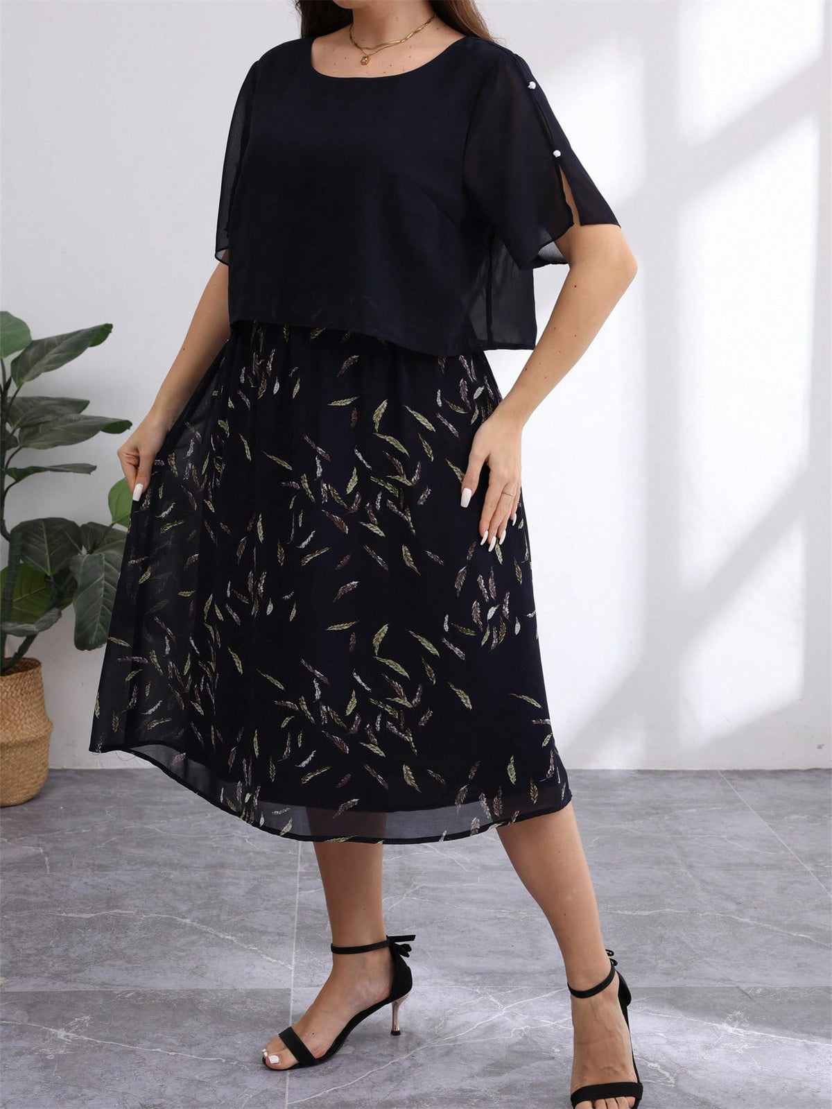 European and American Plus Size 2025 Autumn and Summer New Cross-Border E-Commerce Plus Size Short-Sleeved Belly-Covering Chiffon Dress Supports Drop Shipping