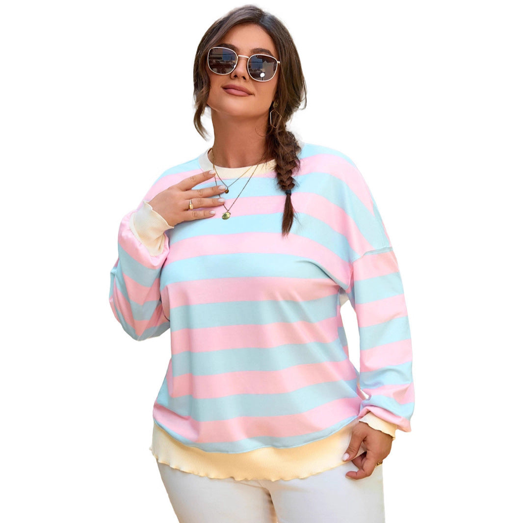 Trendy Plus Size Pullover Sweatshirt for Women, Long Sleeve Knitted Pullover, European and American Style, Loose Fit, Color Block, Crew Neck, New Top