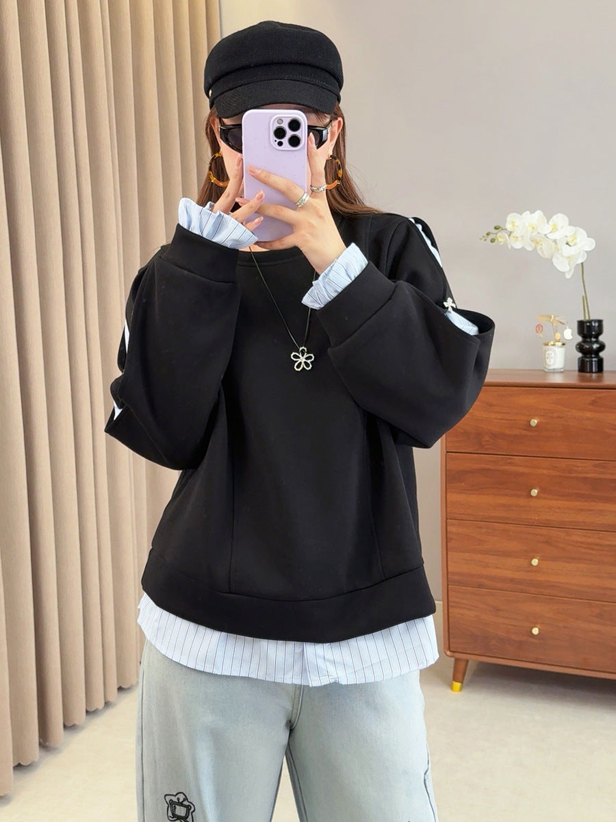 Shuangtian 2025 New Autumn Style Plus Size Fat mm Women's Design Splicing Fake Two-Piece Long-Sleeved Sweatshirt Tops for Women 9080