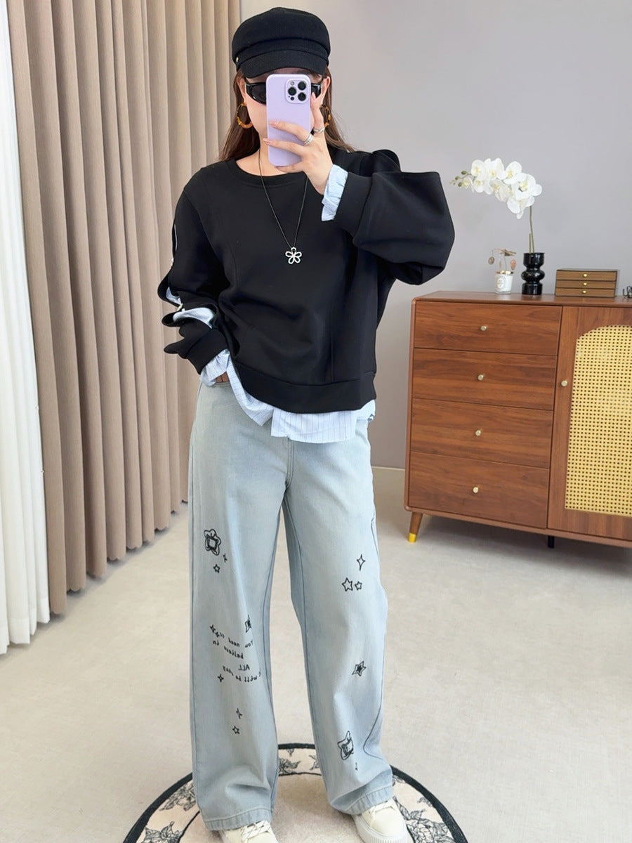 Shuangtian 2025 New Autumn Style Plus Size Fat mm Women's Design Splicing Fake Two-Piece Long-Sleeved Sweatshirt Tops for Women 9080