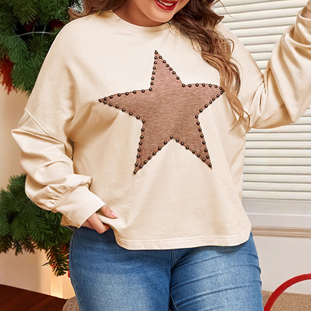 Autumn New Pullover Crew Neck Long Sleeve Top for Women European and American Fashion Personality Star Print Plus Size Sweatshirt for Women