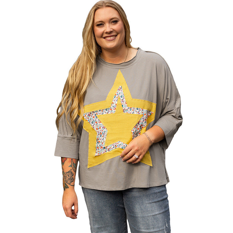 Shiying European and American Retro Washed Distressed Large Size T-Shirt Women's Autum New Star Patch Three-Quarter Sleeve Pullover Top