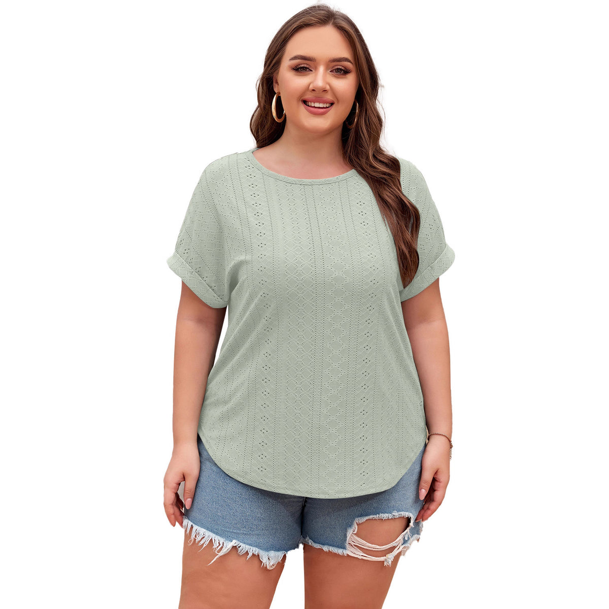 Shiying Pure Color Large Size Casual T-Shirt Women's Jacquard Knitwear Textured Pullover Cross-Border Women's New Style