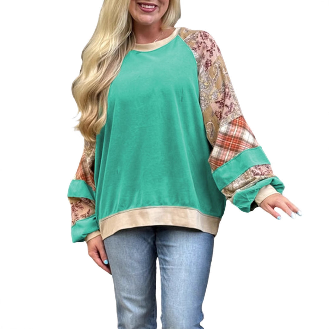 Shiying European and American Loose Large Size Raglan Sleeve Pullover Sweatshirt for Women Autumn and Winter New Floral Patchwork Long-Sleeved Women's Tops