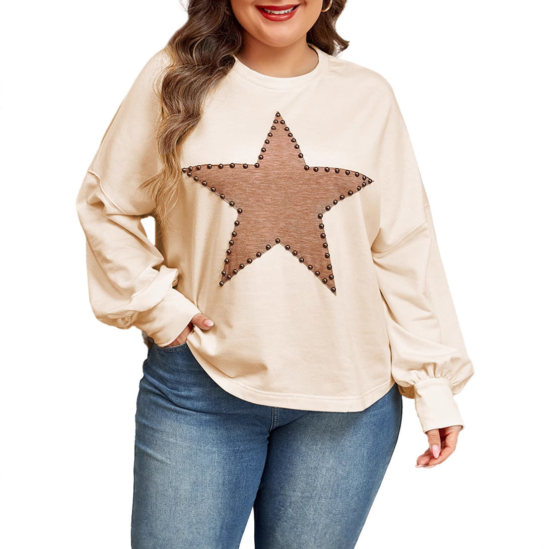 Autumn New Pullover Crew Neck Long Sleeve Top for Women European and American Fashion Personality Star Print Plus Size Sweatshirt for Women