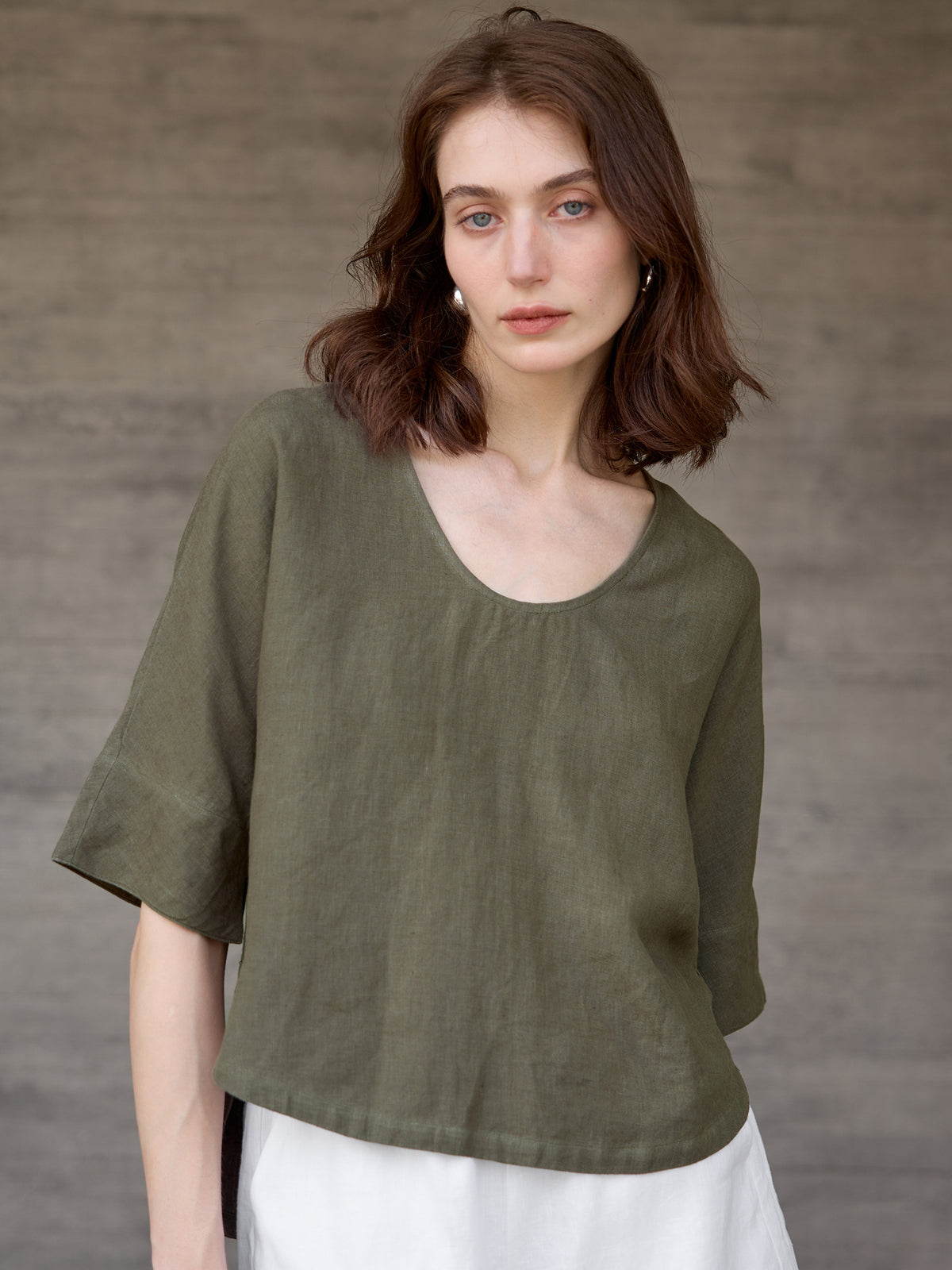 【Clearance Bargain】Olive Green Hemp Top T-Shirt, Big Brand Export, Loose Fit, Half-Sleeve, Cotton-Linen Mid-Sleeve T-Shirt