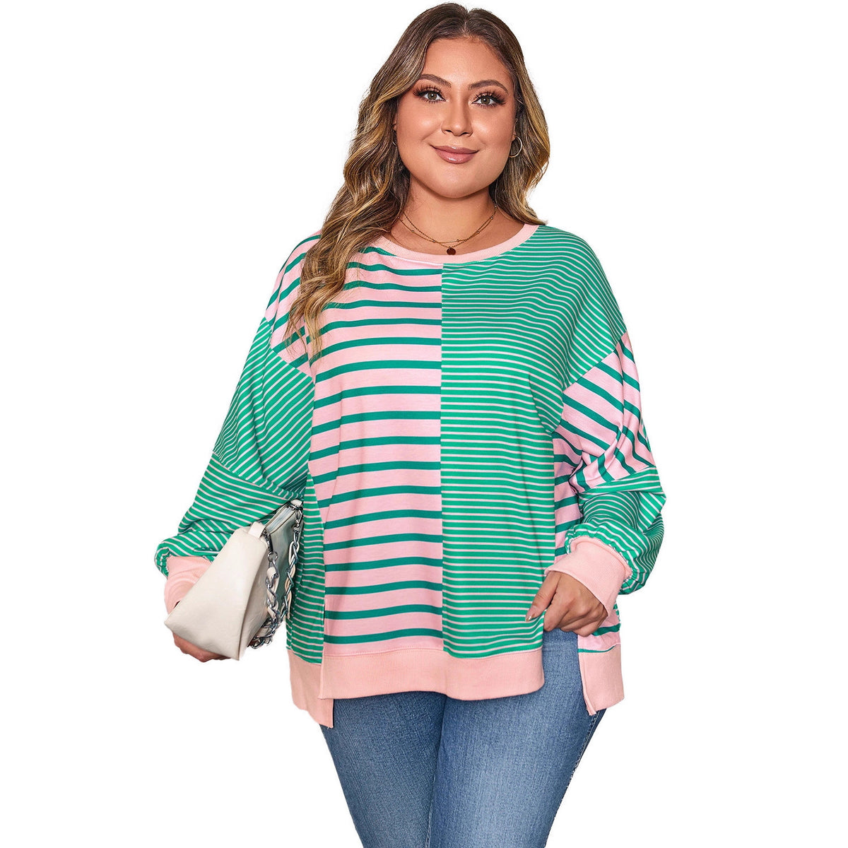 Shiying European and American Cross-Border Large Size Loose Casual Striped Long-Sleeved Sweatshirt New Round Neck Knitted Pullover for Women