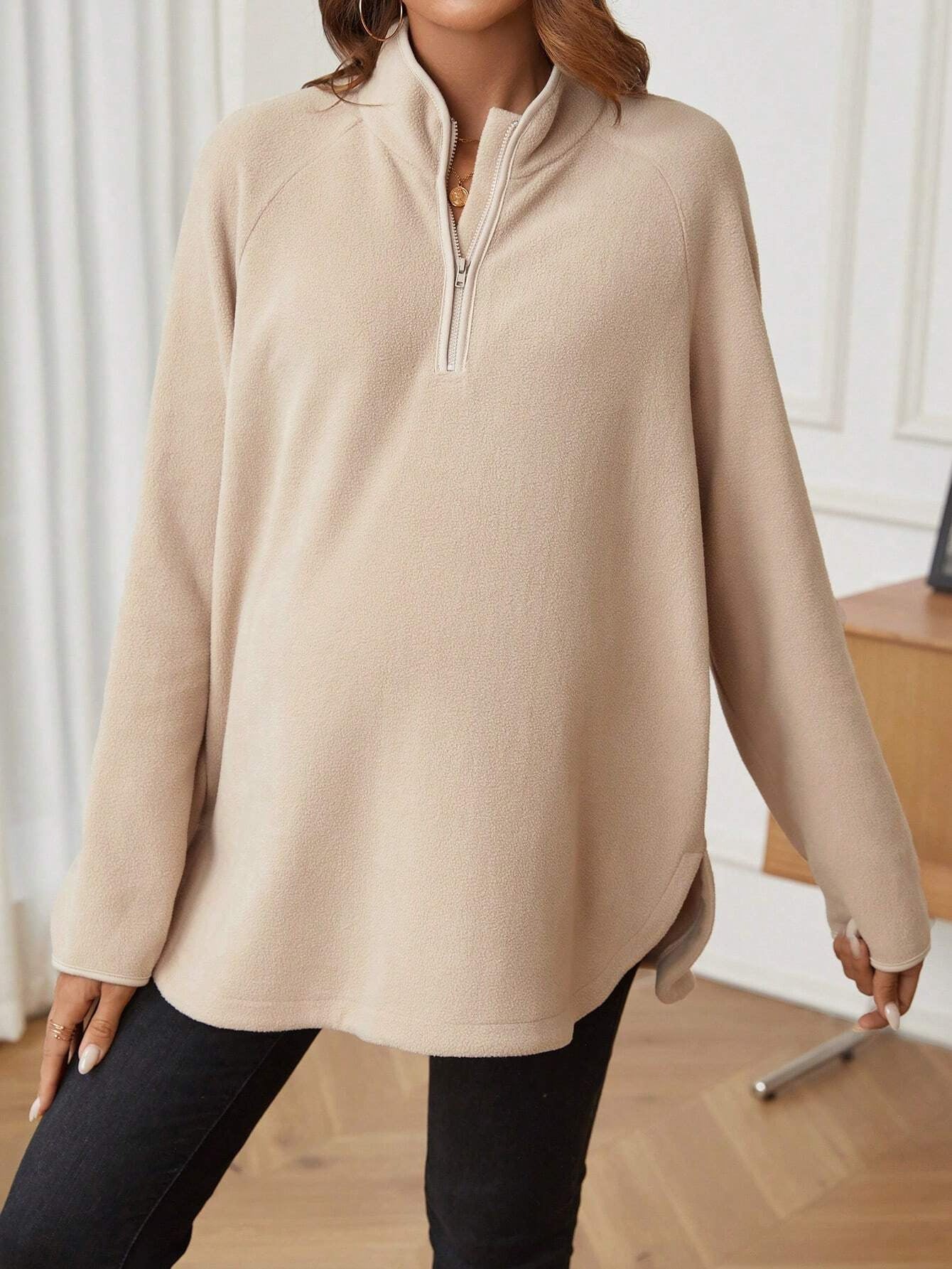 Maternity T-Shirt AutumnWinter Maternity Fashion Solid-Color Zipper Loose-Fit Long-Sleeve T-Shirt
