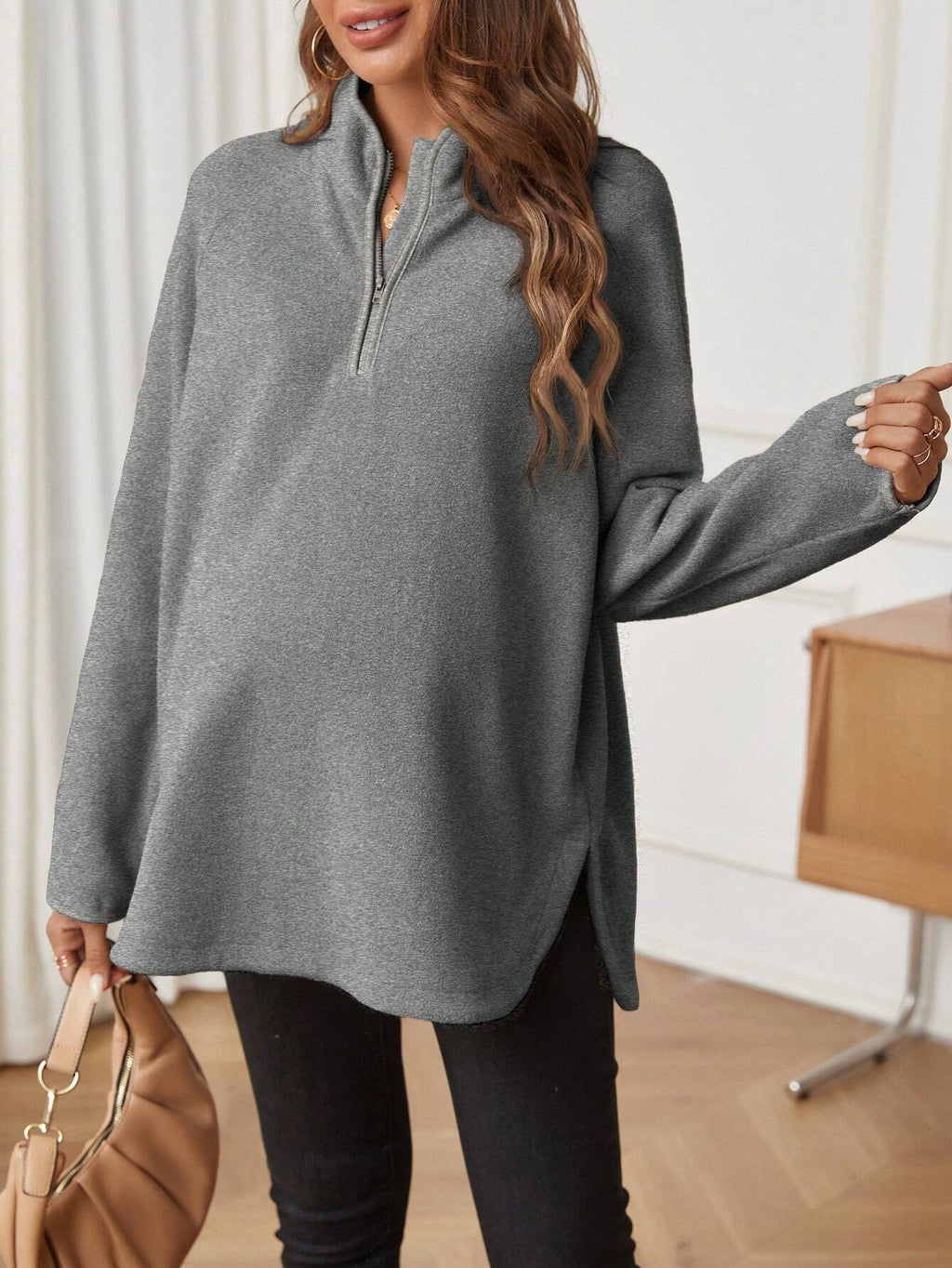 Maternity T-Shirt AutumnWinter Maternity Fashion Solid-Color Zipper Loose-Fit Long-Sleeve T-Shirt