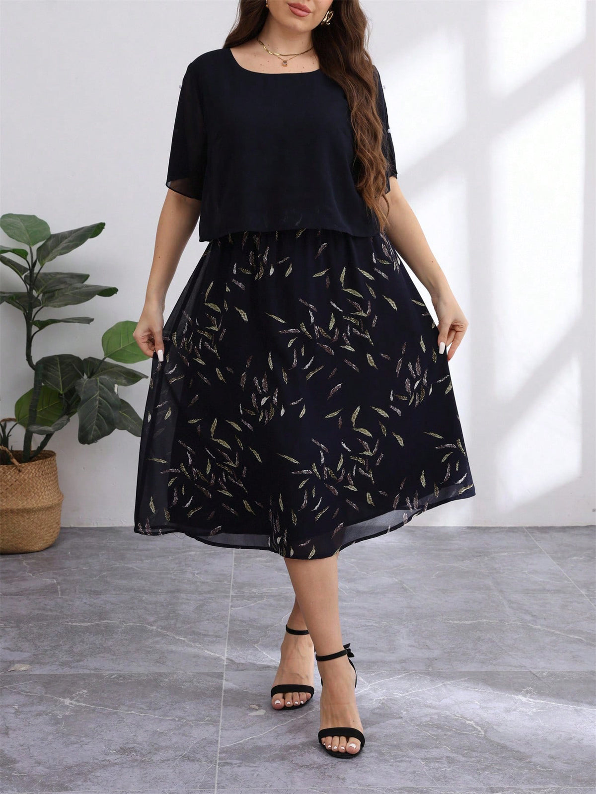 European and American Plus Size 2025 Autumn and Summer New Cross-Border E-Commerce Plus Size Short-Sleeved Belly-Covering Chiffon Dress Supports Drop Shipping