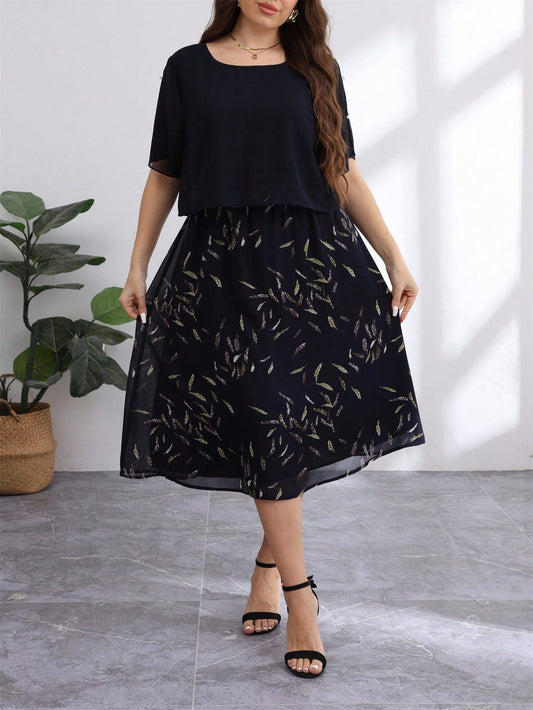 European and American Plus Size 2025 Autumn and Summer New Cross-Border E-Commerce Plus Size Short-Sleeved Belly-Covering Chiffon Dress Supports Drop Shipping