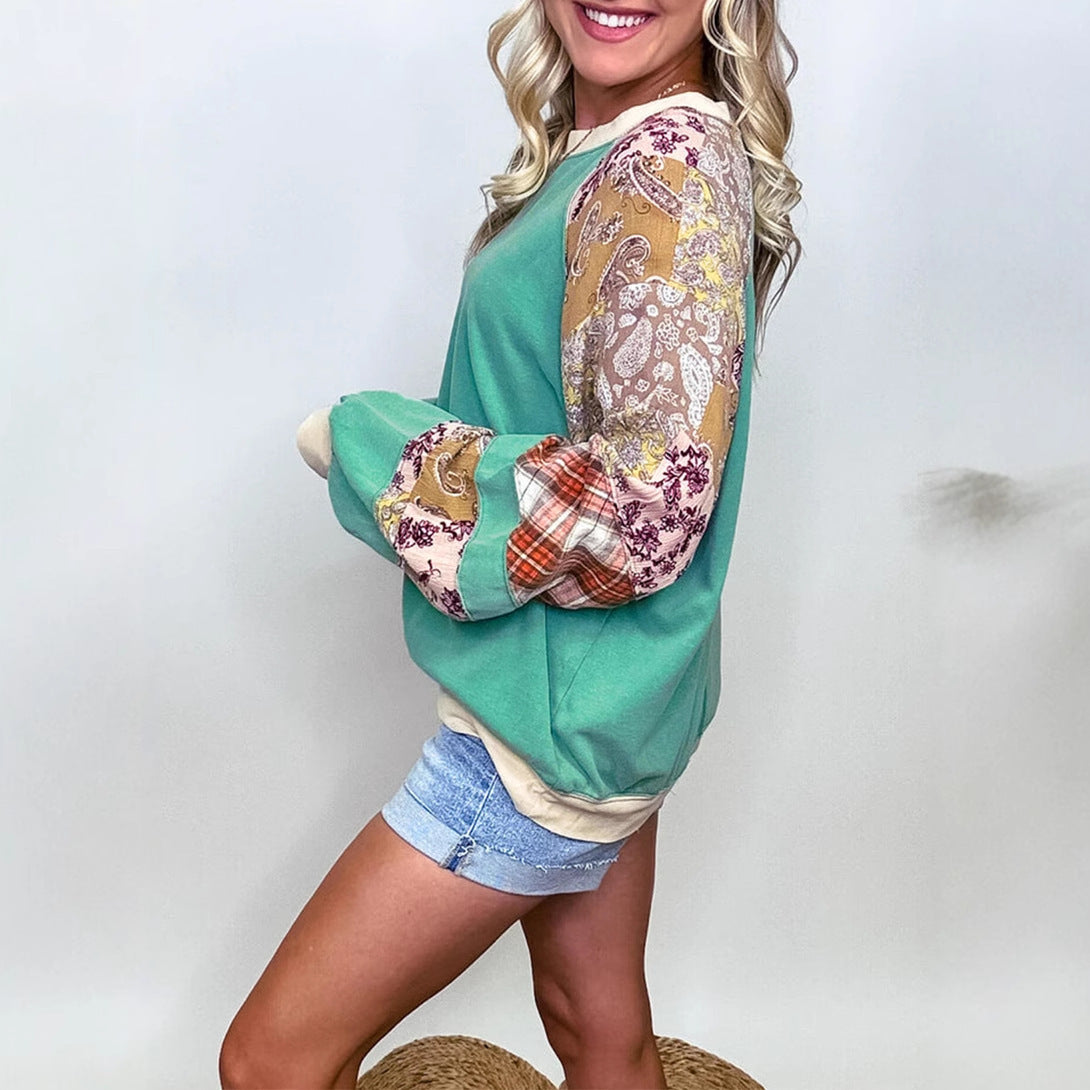 Shiying European and American Loose Large Size Raglan Sleeve Pullover Sweatshirt for Women Autumn and Winter New Floral Patchwork Long-Sleeved Women's Tops