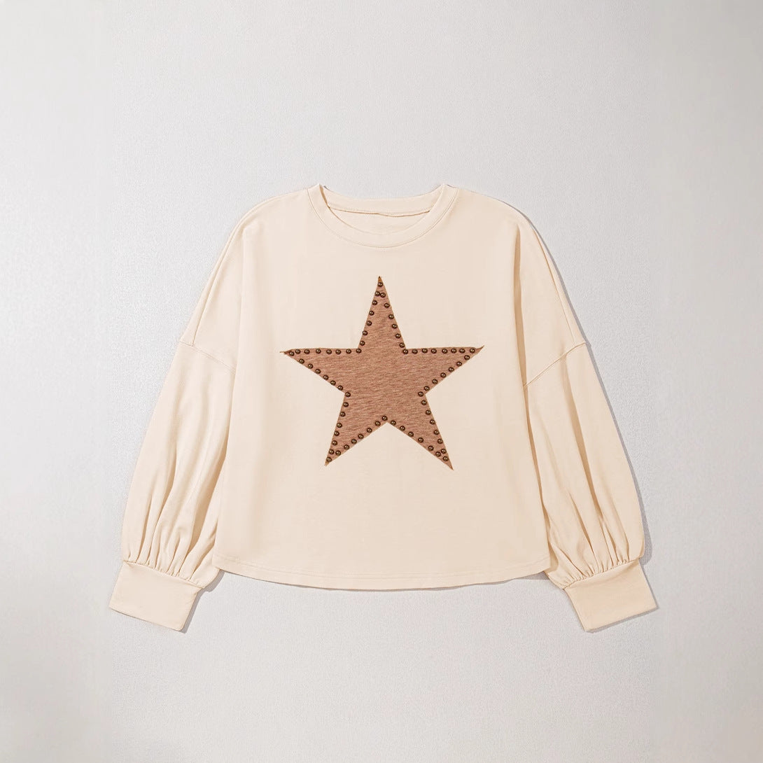 Autumn New Pullover Crew Neck Long Sleeve Top for Women European and American Fashion Personality Star Print Plus Size Sweatshirt for Women