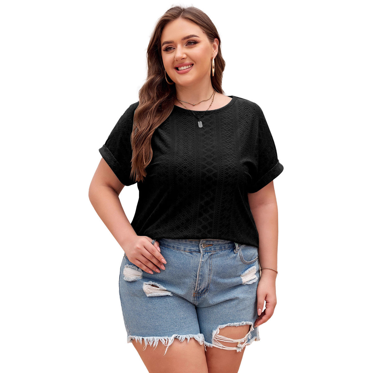 Shiying Pure Color Large Size Casual T-Shirt Women's Jacquard Knitwear Textured Pullover Cross-Border Women's New Style