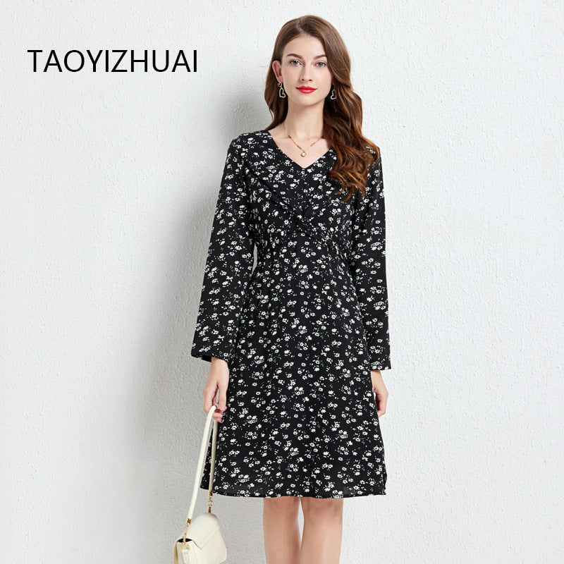 Spring and Autumn New Style V Neck Floral Large Size Black Dress Fashionable Large Swing Slimming Ol Easiest for Match Chiffon Skirt